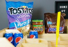 some snacks and drinks are sitting on a table