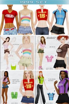 several different types of women's clothing are shown in this graphic style, including short skirts and crop tops