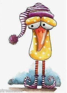 a watercolor painting of a cartoon bird wearing a purple hat and striped socks, holding a pom pom