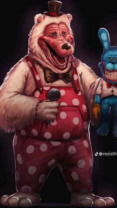 a painting of a bear and bunny dressed as clowns, one holding a rabbit