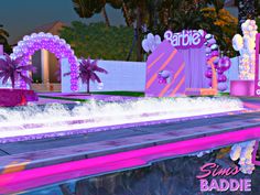 an animated image of a pink and purple stage set up for a barbie birthday party