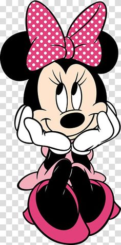 minnie mouse cartoon character with pink and white polka dots on her head, sitting down