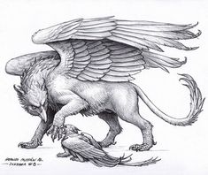 a drawing of an animal with wings on it's back and its head in the air