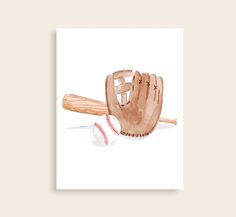 a watercolor painting of a baseball and a catcher's mitt on a white background