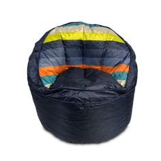 a blue and yellow striped bean bag chair