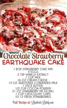 chocolate strawberry earthwake cake recipe in a glass baking dish with text overlay