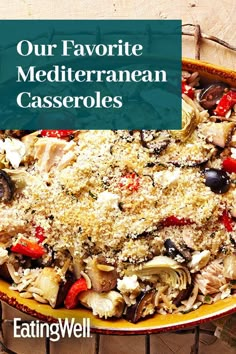 the cover of our favorite mediterranean casserole recipe is shown on a yellow plate