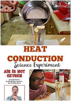 a person pouring liquid into a glass with the words heat conduct science experiment on it