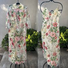 "Vintage 70s maxi dress with chiffon coat floral Sz XS . No label but size 7/8 and made in USA. Polyester or acetate chiffon fabric and lining, dress is lined and zipper back. Coat sheer chiffon with elastic back and button front, all good condition Measurements  Dress bust 35\" high waist 28\" Waist 30\" hips 38\" Length 54\" Coat shoulder 15\" Bell sleeve 12\" Bust 38\" waist 36\" Hips 46\" Length 54\"" Fitted Sheer Maxi Dress For Garden Party, Vintage Floral Print Maxi Dress For Party, Vintage Floral Print Maxi Dress For Evening, Vintage Maxi Dress For Dress Down In Spring, Vintage Chiffon Maxi Dress For Spring, Floral Print Maxi Dress For Casual Wear, Sheer Coat, Chiffon Coat, Floral Chiffon Maxi Dress