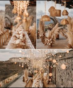 a collage of photos with flowers and lights hanging from the ceiling in front of a stone building