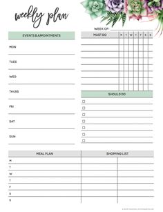 a printable weekly planner with green leaves and branches on the top, in front of it