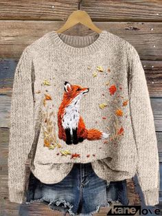 Forest Floral Fox Face Embroidery Art Cozy Knit Sweater Embroidery On Knitted Items, Embroidery Ideas Clothes, Embroidery On Knitting, Cozy Sweater Outfits, Fox Sweaters, Leaves Embroidery, Sweater Embroidery, Fox Sweater, Beige Pullover