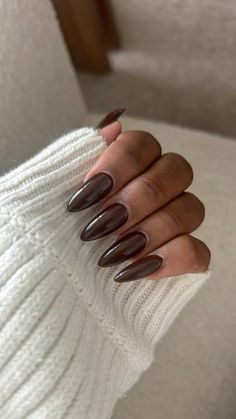 chocolate nails, chocolate brown nails, brown nails, fall nails, autumn nails, trending nail colors, gel x nails, gel x, gel x colors Brown Nails Tan Skin, Espresso Nails Almond, Brown Gel X Nails, Dark Brown Almond Nails, Brown Nails Acrylic Almond, Brown Winter Nails, Nails Chocolate Brown, Cocoa Nails, Espresso Nails