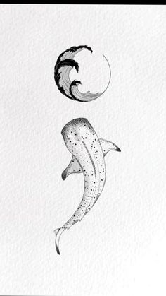 a black and white drawing of two dolphins swimming in the ocean, one jumping up into the air