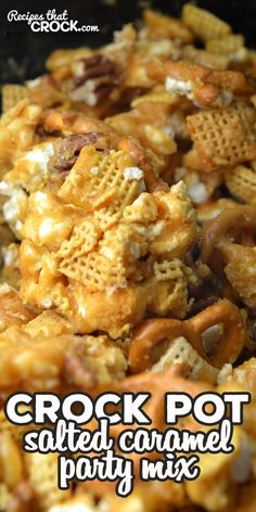 crock pot filled with cheesy popcorn and pretzels for a party mix