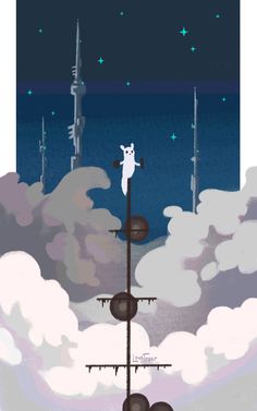 an image of a man on top of a tall tower in the sky with clouds