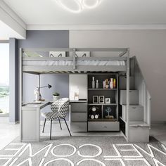 a loft bed with desk underneath it and stairs leading up to the top floor in a bedroom