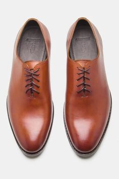 Cognac shoes with a lace tie-up crafted from full grain crust leather. - Aza Fashions Designer Brown Oxfords Goodyear Welted, Brown Leather Goodyear Welted Oxford Shoes, Brown Goodyear Welted Oxford Lace-up Shoes, Semi-formal Cognac Leather Oxfords, Cognac Shoes, Men Footwear, Brown Leather-lined Oxfords For Derby, Lace Tie, Mens Oxfords