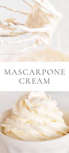 mascarpone cream in a white bowl with text overlay that reads, how to make mascarpone cream