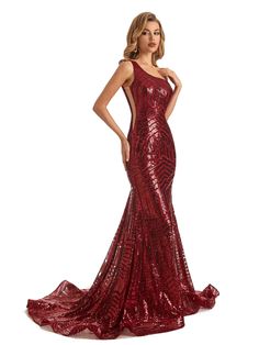 Sparkly Burgundy Sequin Mermaid One Shoulder Long Party Prom Dresses - ChicSew Prom Dresses Burgundy, Long Prom Dresses, Bridesmaid Dresses Online, Custom Size Dresses, Satin Bridesmaid Dresses, Red Sequin, Christmas Fashion, Long Prom Dress, Formal Evening Dresses