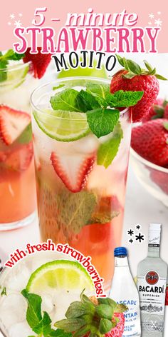 strawberry mojito with fresh strawberries and mints in front of the recipe