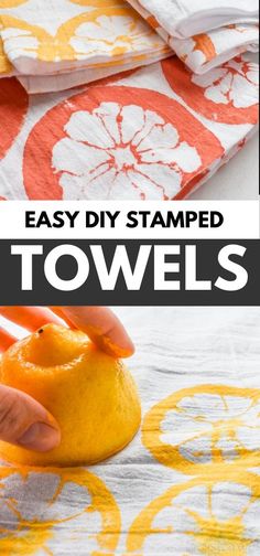 an easy diy stamped towel is shown with the text overlay