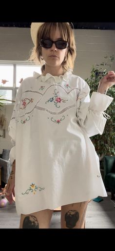 upcycled cotton embroidered table cloth tunic CHEST: 50" LENGTH (NAPE TO HEM): 26" Embroidered Table Cloth, Embroidered Tablecloth, Festival Season, Halloween Shopping, Table Cloth, Gender Neutral, Art Collection, Adult Outfits, Bathing Beauties