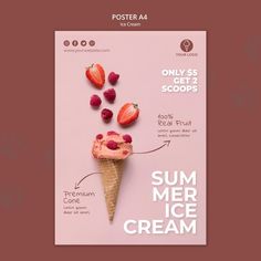 a poster with strawberries and ice cream on it, in the shape of an ice cream cone