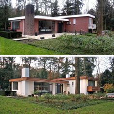 before and after photos of a modern house in the woods, then on the lawn