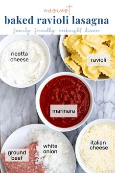 the ingredients for baked ravioli lasagna in bowls