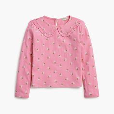 Factory: Girls' Ruffle-collar Long-sleeve Tee For Girls Cute Long Sleeve T-shirt For Spring, Cute Pink Top With Cute Collar, Spring Long Sleeve Ruffled Tops, Spring Ruffled Long Sleeve Top, Cute Long Sleeve Tops For Spring, Cute Long Sleeve Spring Tops, Pink Ruffle Sleeve T-shirt With Ruffles, Fall Cotton T-shirt With Ruffles, Cute Pink Tops With Peter Pan Collar