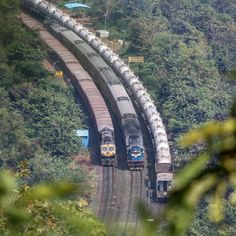 two trains on tracks passing each other through the woods and trees in front of them