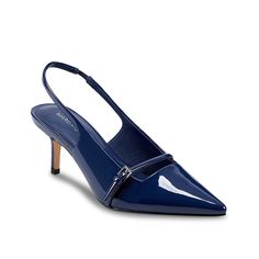 Marc Fisher-Alorie Pump Elevate a formal or professional look with the Alorie pump from Marc Fisher. This slingback features a patent sheen and pointed silhouette for a vintage-inspired highlight. Navy Blue Kitten Heels, Sleek Patent Leather Slingback Pumps For Formal Occasions, Sleek Fitted Slingback Pumps For Office, Elegant Patent Leather Slingback Pumps For Work, Sleek Fitted Slingback Pumps For Work, Elegant Blue Slingback Pumps For Party, Blue Slingback Pumps For Work, Blue Slingback Pumps For Spring Workwear, Elegant Blue Slingback Pumps With 4-inch Heel