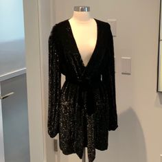 Retrofete Gabrielle Sequin Robe Dress In Black, Size Small, Nwt Black Sequin Evening Dress For Winter, Black V-neck Sequin Dress For Evening, Black V-neck Sequin Evening Dress, Black Sequin Evening Dress For Fall, Black Sequin Dress For Winter Date Night, Black Sequin Dress For Holiday Evening Party, Black Sequin Dress For Date Night In Winter, Elegant Black Sequin Dress For Fall, Silk Cowl Neck Dress