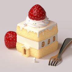 a piece of cake with white frosting and strawberries on top next to a fork