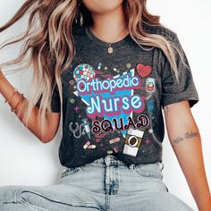 a woman with long hair wearing a t - shirt that says orthopedic nurse