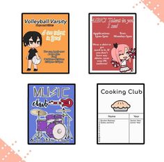 four different posters with cartoon characters and words in the middle one is cooking club, the other is volleyball varsity