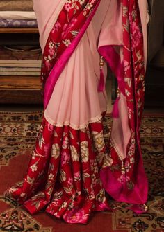 Khan Saab Boutique Designer Georgette Carnation Saree: Deshi Besh. Boutique Saree, Readymade Saree, Jamdani Saree, Couture Embroidery, Shop Boutique, Georgette Saree, Clothing Websites, Boutique Design, Georgette Sarees