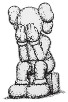 a black and white drawing of a teddy bear sitting on top of two cubes