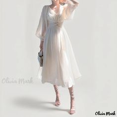 Olivia Mark - Lace Bubble Sleeve Dress - Enchanting Princess Gown V-neck Pleated Dresses For Banquet, Elegant Spring Chiffon Dress For Banquet, Spring Banquet Evening Dress With Pleats, Spring Formal Evening Dress With Empire Waist, Summer Wedding Guest Chiffon Dress With Long Sleeves, Spring Banquet Dress With Empire Waist, Elegant Evening Dress With Empire Waist For Spring, Elegant Empire Waist Evening Dress For Spring, V-neck Pleated Dress For Wedding Guest