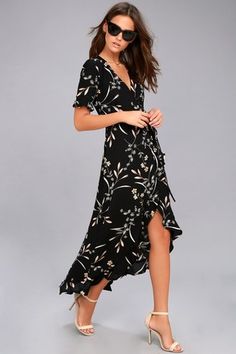 Wild Winds Black Floral Print High-Low Wrap Dress 2 Black Floral Print Dress, Wrap Sweater Dress, Cute Floral Dresses, Womens Wrap Dress, Lulus Dresses, Black Floral Print, Floral Print Midi Dress, Printed Wrap Dresses, Floral Print Maxi Dress