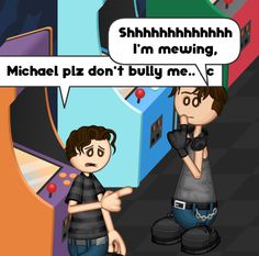 two cartoon characters talking to each other in front of a computer screen that says, i'm meowing michael plz don't buy me