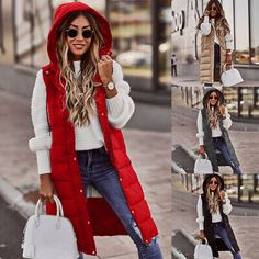 Find ideas๏ฟฝand inspiration for WOMENS LADIES BODY WARMER LONG LINE HOODED PUFFER GILET JACKET PADDED VEST TOP +, Womens Coats Jackets Vest Plus Size, Gilet Jacket, Hooded Gilet, Estilo Hipster, Sleeveless Puffer, Long Puffer, Mode Casual, Cotton Vest, Sleeveless Cardigan