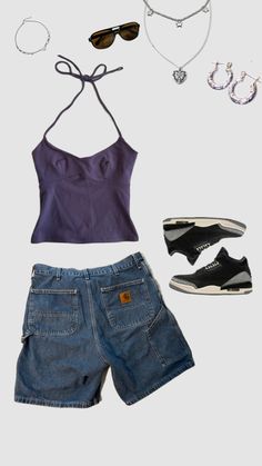 SUMMER FITSPO #outfitinspo #outfit #summer #summeraesthetic #jorts #tanktop #cute #lanadelrey #purple #purpleaesthetic #sliver Shuffles Summer, Outfit Inspo Summer, Really Cute Outfits, Lookbook Outfits, Dream Clothes