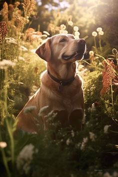 a dog sitting in the middle of some flowers