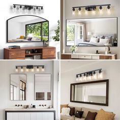 four different pictures of mirrors and lights in a living room, bedroom, or bathroom