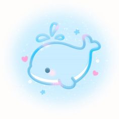 a blue whale floating in the air with hearts around it's neck and tail