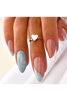 Unghie Sfumate, Fake Nails With Glue, Almond Acrylic Nails, Blue Nails