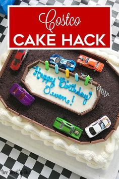 a birthday cake with cars on it that says costao cake hack