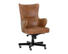 a brown leather office chair with wheels and casteors on an upholstered base